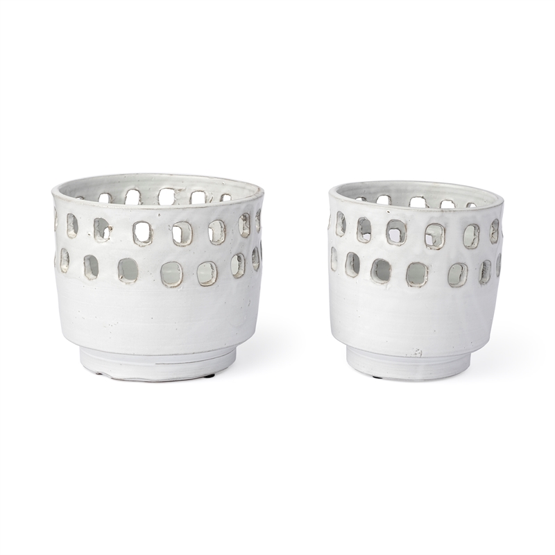 Mercana Larissa Set of Two White Ceramic Hollow Pattern Vases