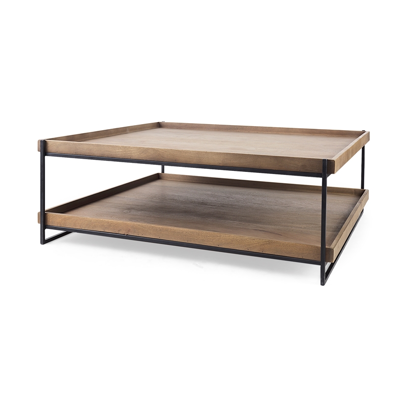 Trey 48x46 Rectangular Brown Wood Top Black Coffee Table (Set of 2)