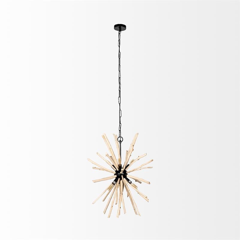Mercana Jules 25x25 Blonde Brown Wood and Black Metal Six Bulb Pendant Light
