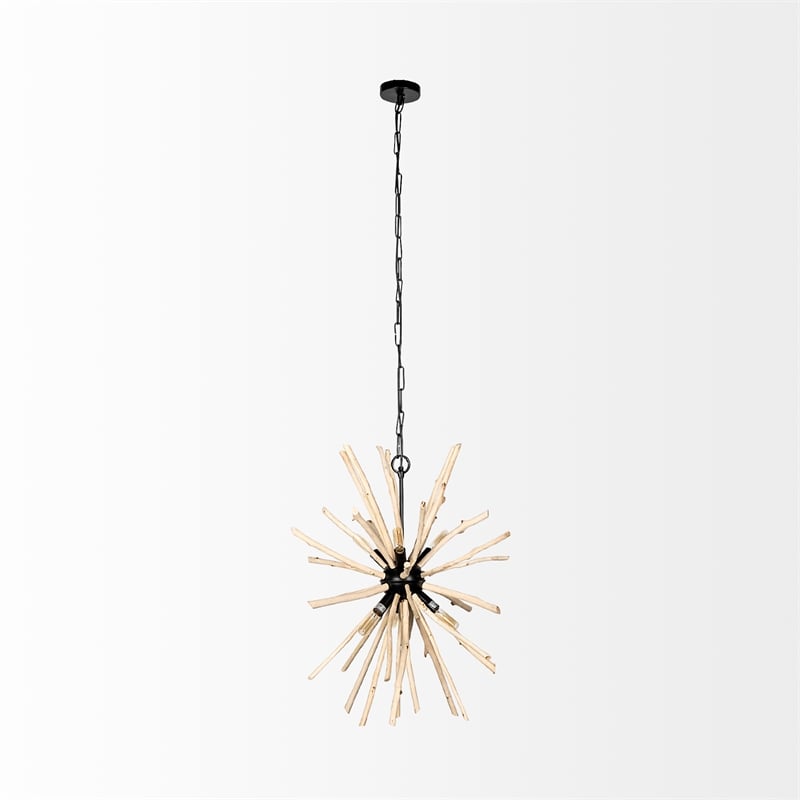 Mercana Jules 25x25 Blonde Brown Wood and Black Metal Six Bulb Pendant Light