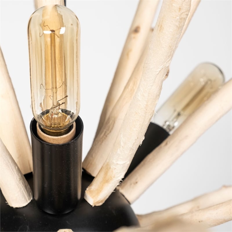 Mercana Jules 25x25 Blonde Brown Wood and Black Metal Six Bulb Pendant Light