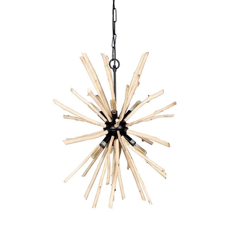 Mercana Jules 25x25 Blonde Brown Wood and Black Metal Six Bulb Pendant Light