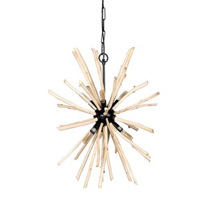 Mercana Jules 25x25 Blonde Brown Wood and Black Metal Six Bulb Pendant Light