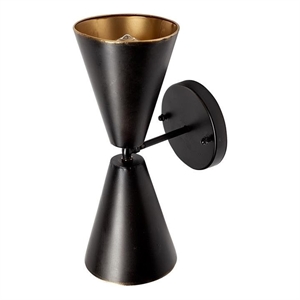 mercana eris ii 7.3x12.6 black metal w/gold accent double-cone wall sconce