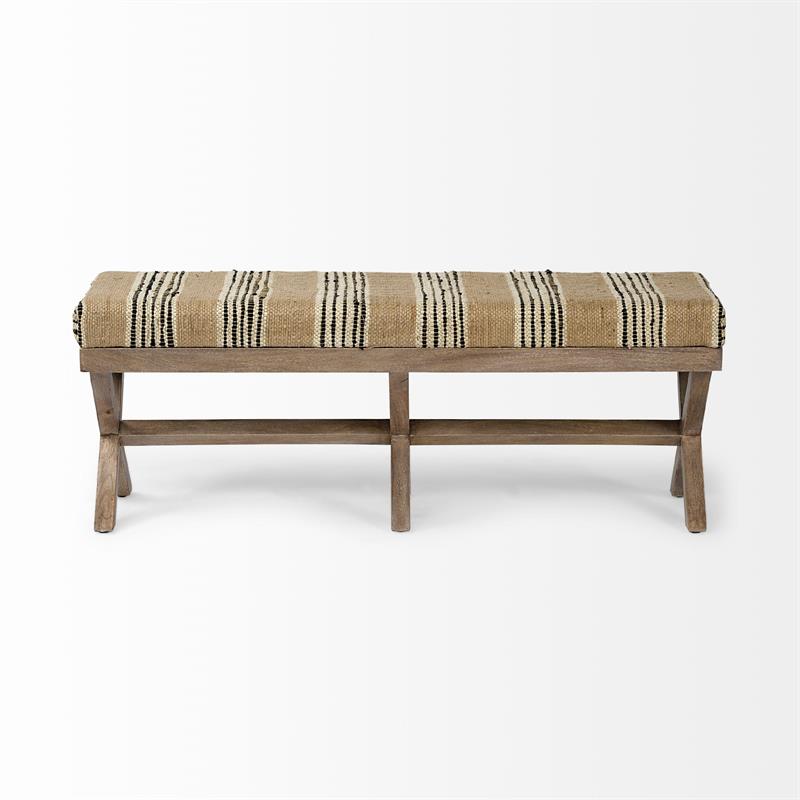Solis 50L x 16W Brown Base Upholstered Beige/Black Stripe Seat Accent Bench