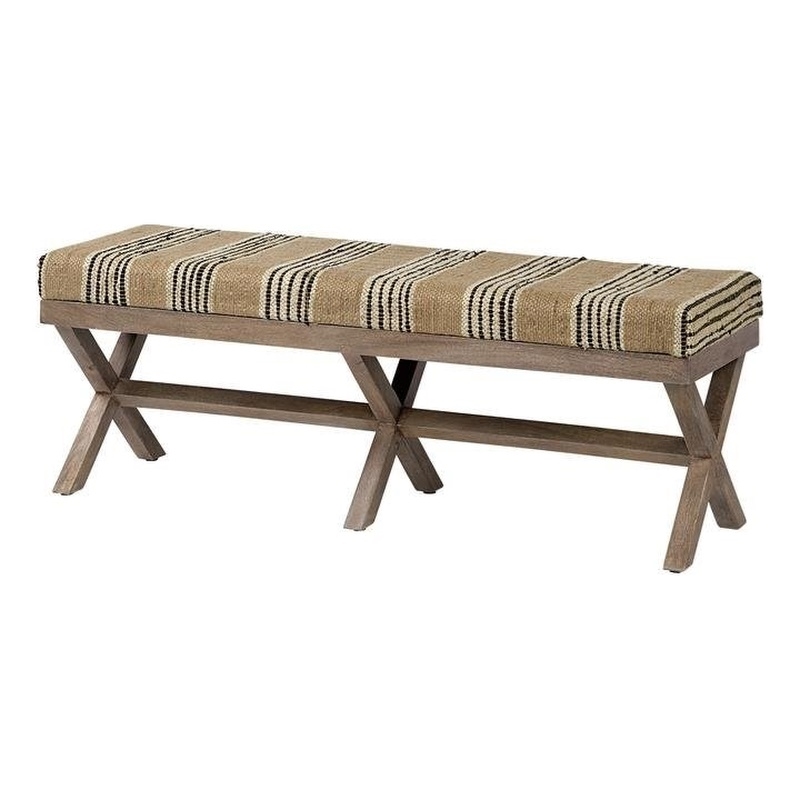 Solis 50L x 16W Brown Base Upholstered Beige/Black Stripe Seat Accent Bench