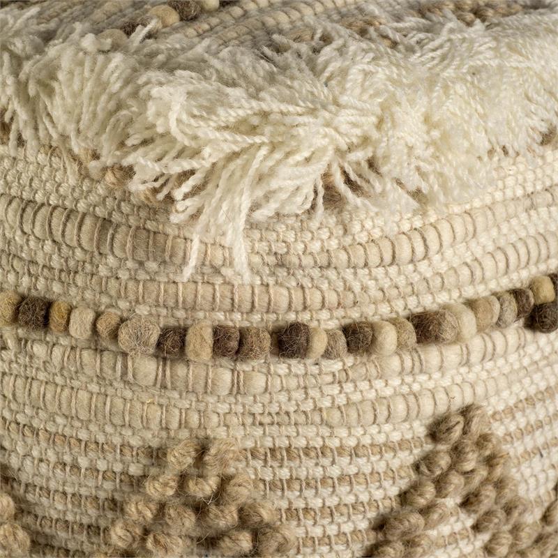 Mercana Caela Beige/Brown Wool Cotton and Felt Popcorn Stitch Square Pouf