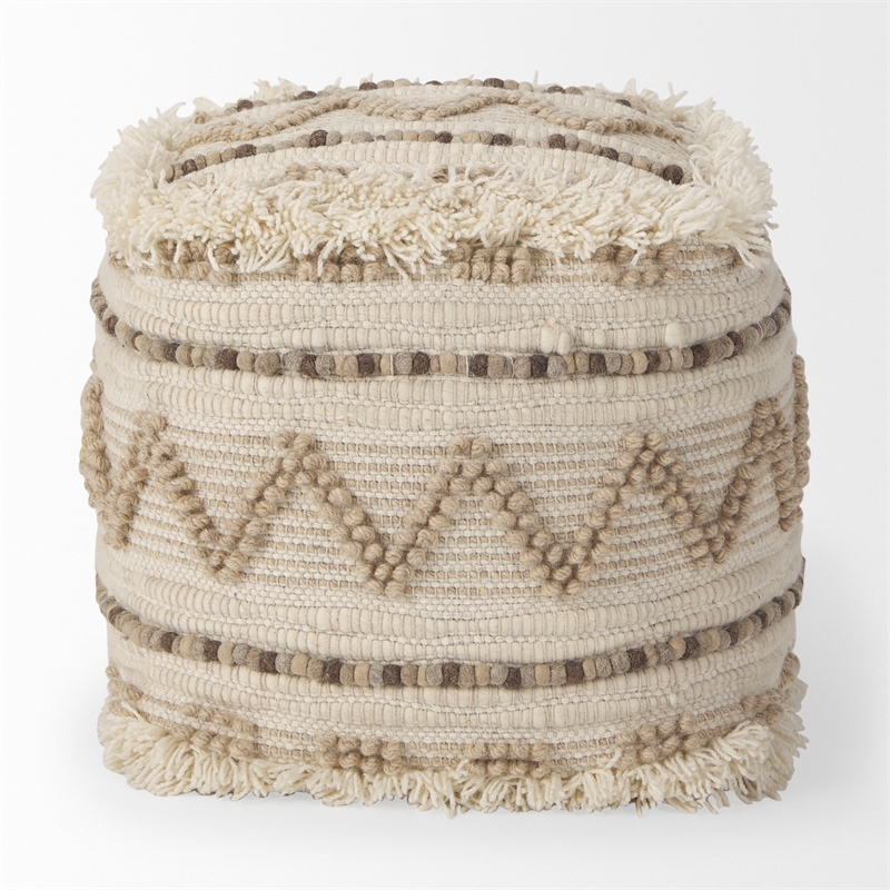 Mercana Caela Beige/Brown Wool Cotton and Felt Popcorn Stitch Square Pouf