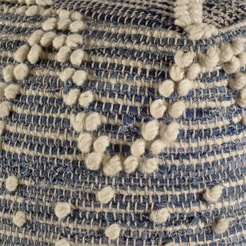Mercana Rofi Blue Denim and Ivory Cotton Stitched Square Pouf