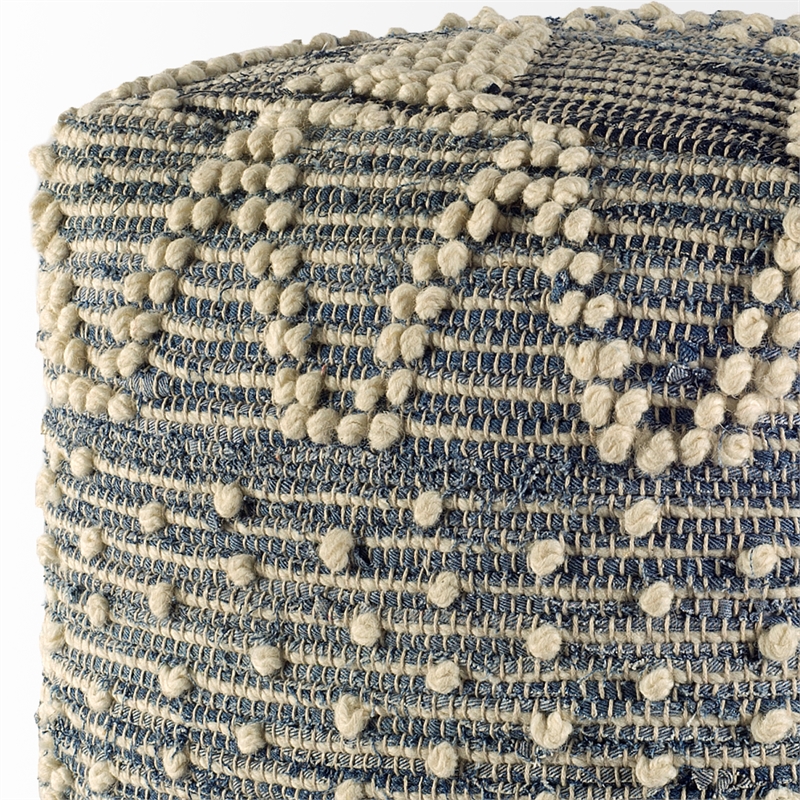 Mercana Rofi Blue Denim and Ivory Cotton Stitched Square Pouf