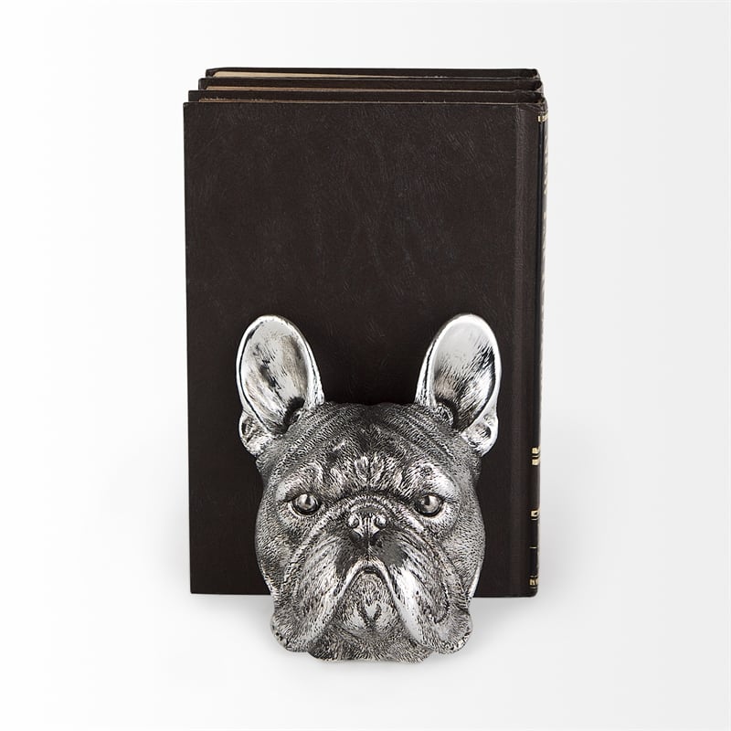 Mercana Furniture and Decor Bruno Resin American Bulldog Bookends in Silver