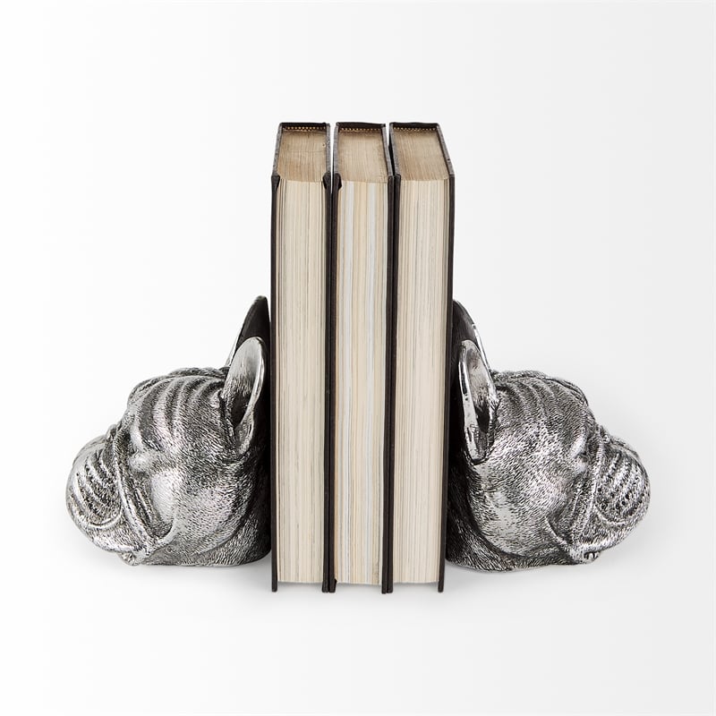 Mercana Furniture and Decor Bruno Resin American Bulldog Bookends in Silver