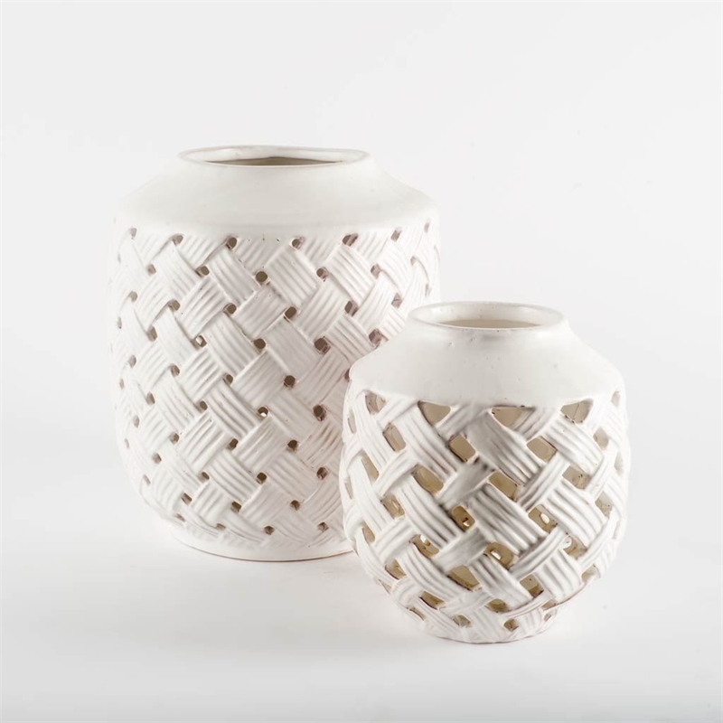 Mercana Forillon I Short White Glazed Lattice Pattern Ceramic Vase