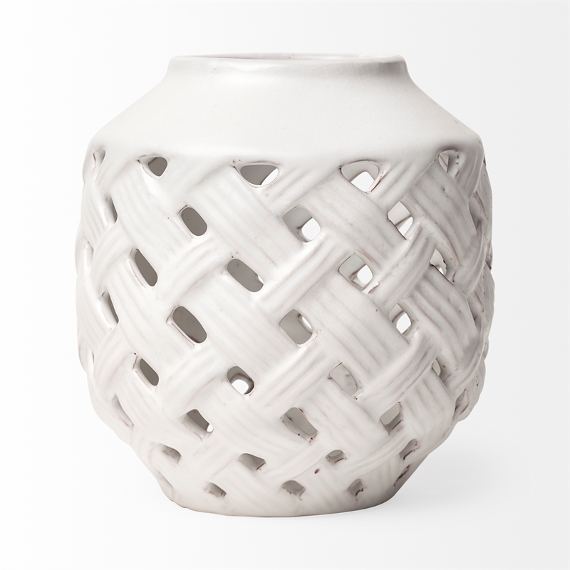 Mercana Forillon I Short White Glazed Lattice Pattern Ceramic Vase