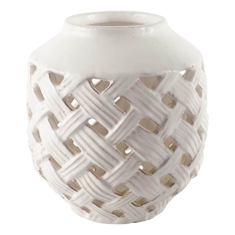 Forillon I Short White Glazed Lattice Pattern Vase - Thumbnail 3