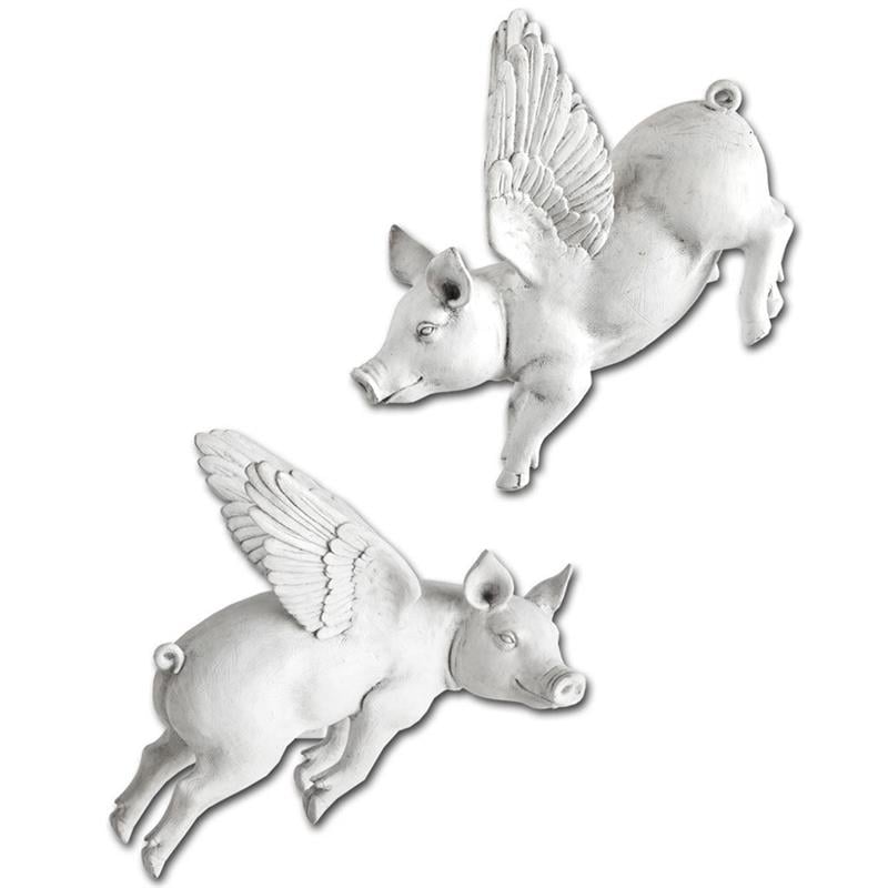 Mercana Hogbadi Set of 2 White Resin Flying Pigs