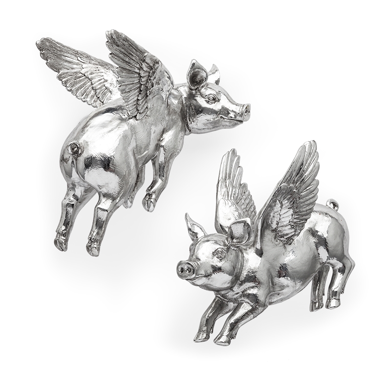 Mercana Hogbadi Set of 2 Silver Resin Flying Pigs