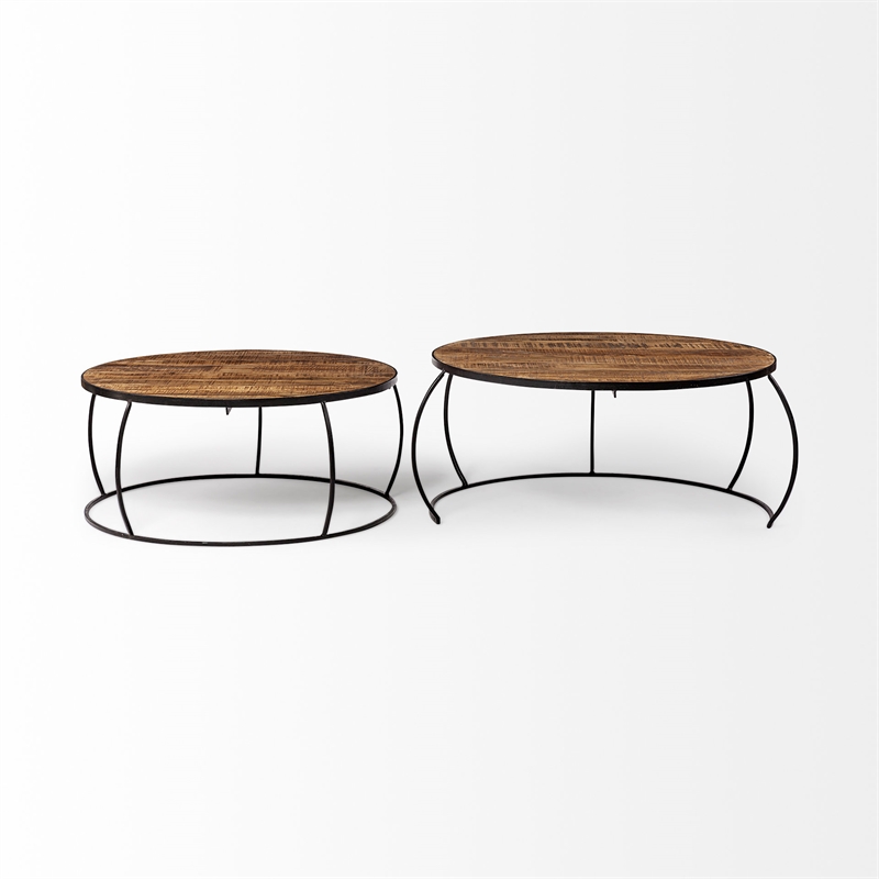 Clapp I Set of 2 Round Brown Wood Top Black Iron Base Nesting Coffee Tables