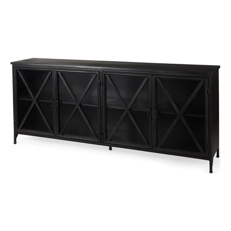 Mercana Poppy I 79x16 Black Polished Metal With Glass Four Door Sideboard