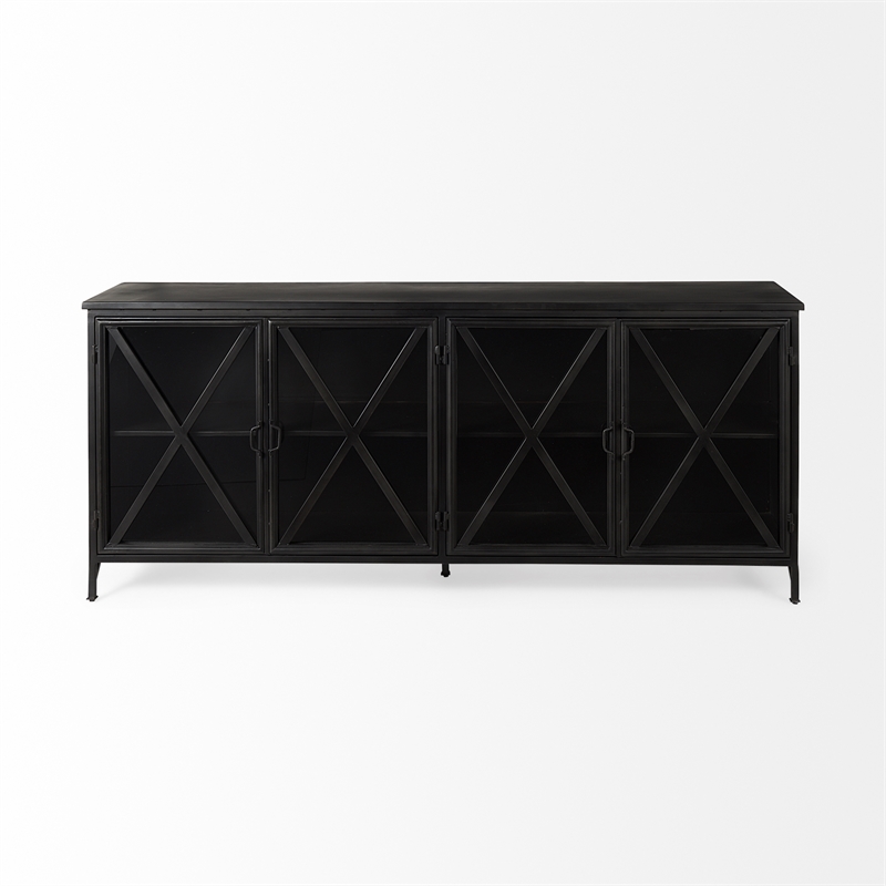 Mercana Poppy I 79x16 Black Polished Metal With Glass Four Door Sideboard