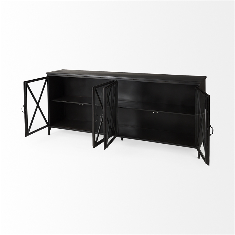 Mercana Poppy I 79x16 Black Polished Metal With Glass Four Door Sideboard