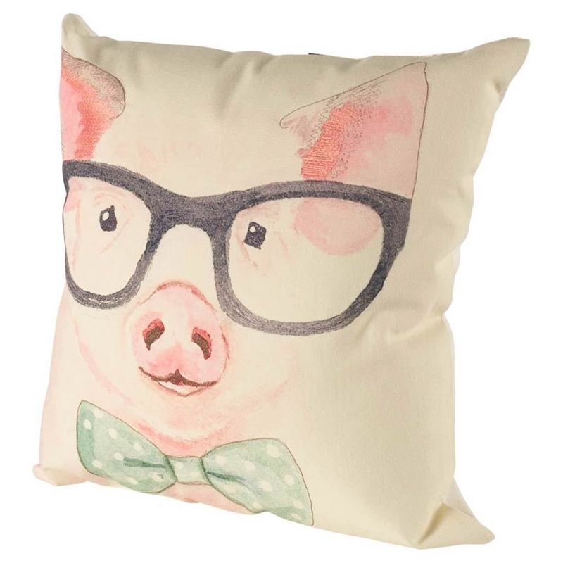 Mercana Gunther 18 x 18 Pink Fabric Pig with Glasses Decorative Pillow Cover