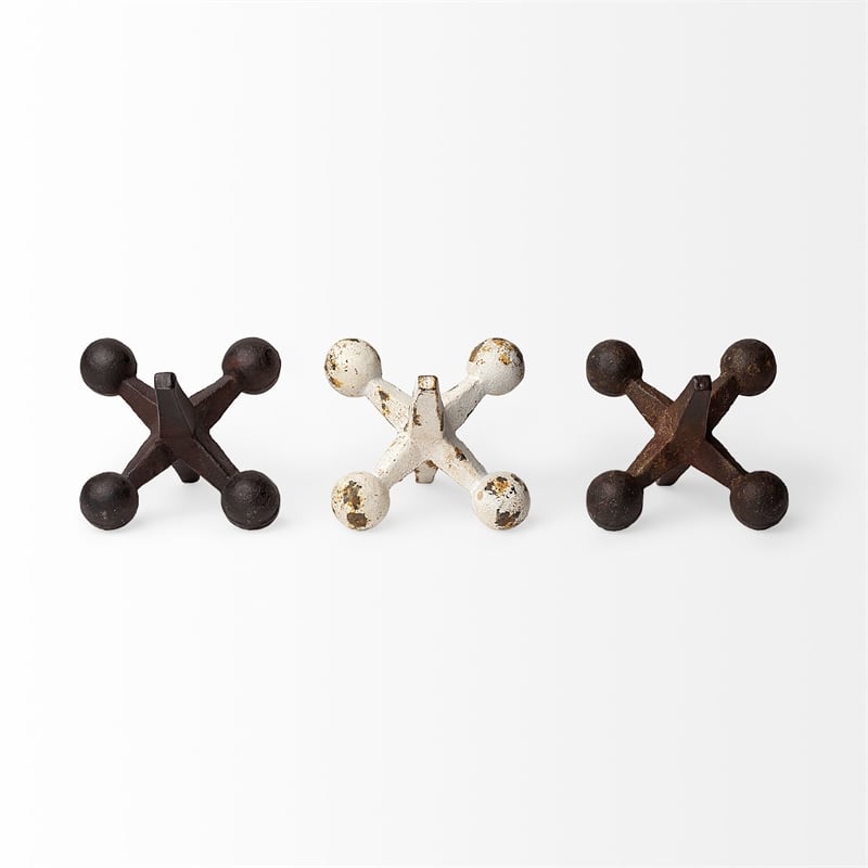 Mercana Jax Set of 3 Rust Orange and White Cast Iron Metal Jack objects