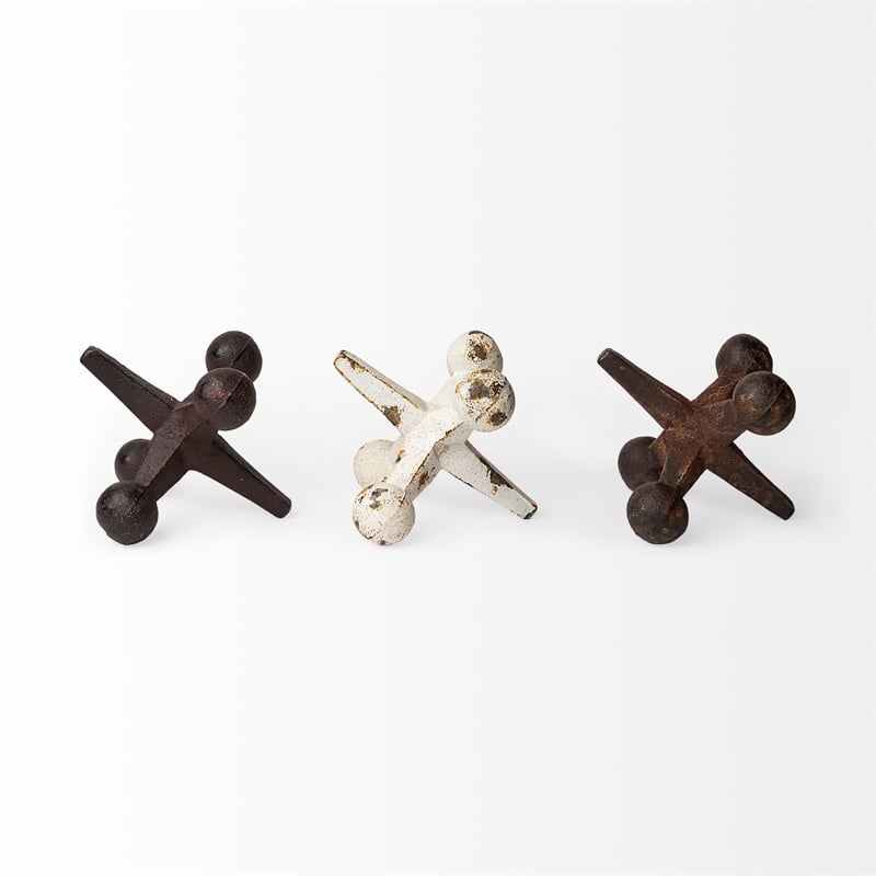 Mercana Jax Set of 3 Rust Orange and White Cast Iron Metal Jack objects