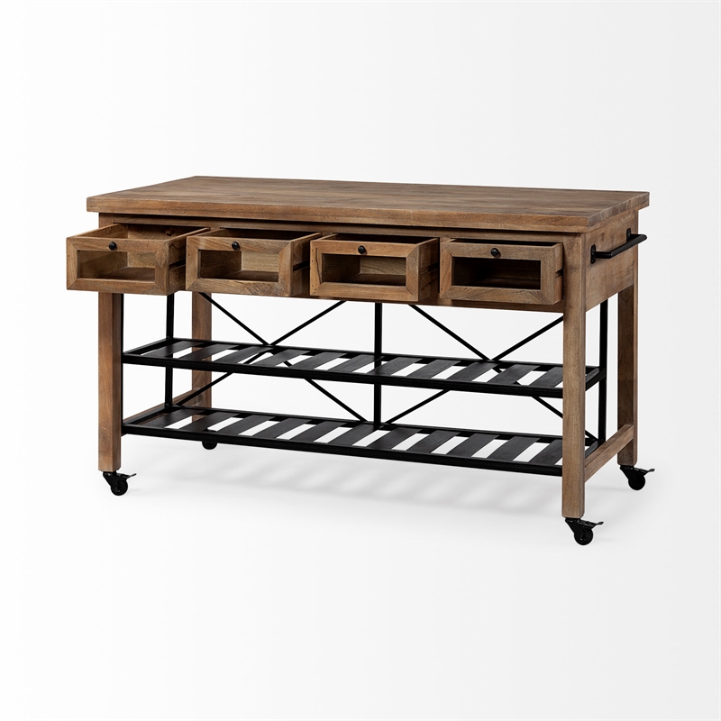 Mercana Stuart I Solid Wood Two-Tier Metal Rolling Kitchen Island in Brown