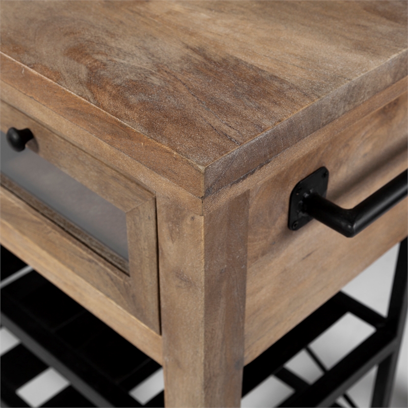 Mercana Stuart I Solid Wood Two-Tier Metal Rolling Kitchen Island in Brown