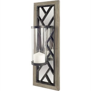 Mercana Benji 24&quotH Brown Wood Frame Black Metal Accent Mirrored Wall C&le Holder