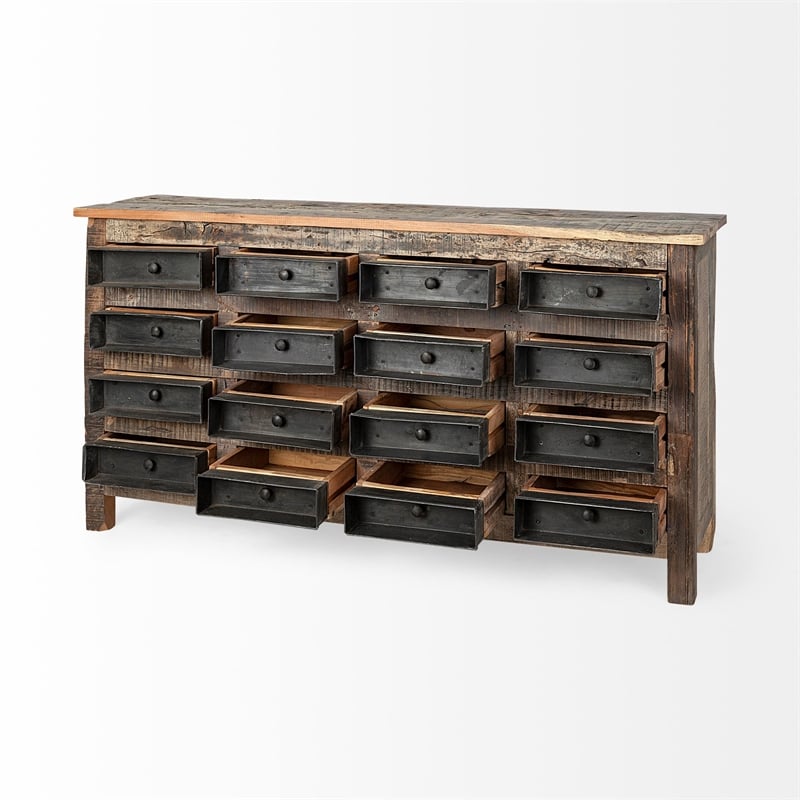 Mercana Wilton I 63x16 Brown Solid Wood 16 Black Metal Baker's Chest Sideboard