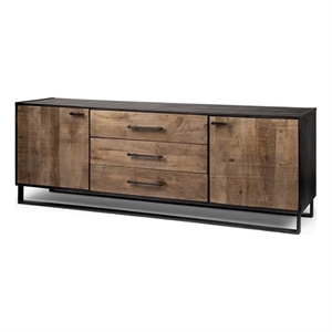 Alvin 82x20 Brown Solid Wood Black Metal Frame 3 Drawer 2 Cabinet Door Sideboard