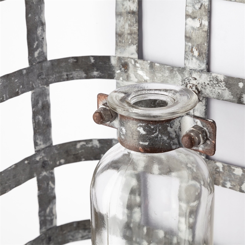 Mercana Margaret Wall Mounted Silver Metal Basket w/Glass Bottle for Botanicals