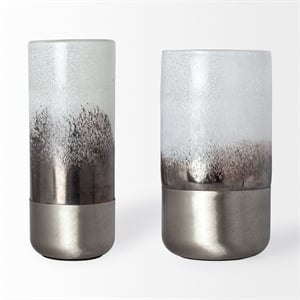 Mercana Baltic I Tall White Brushed Silver Metal Bottom Glass Vase