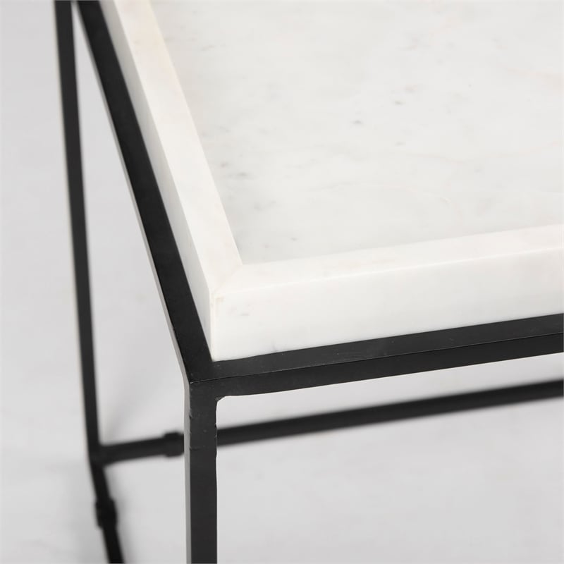 Mercana Nathan II Square Top White Marble and Black Metal End/Side Table