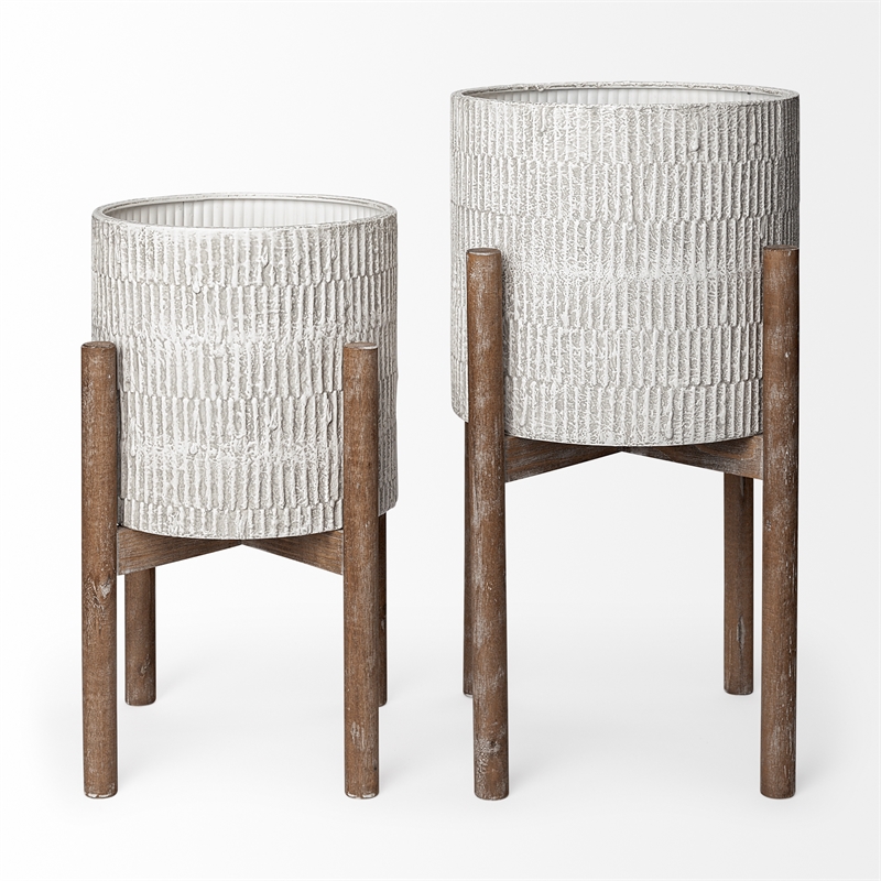 Mercana Groot Metal Wood Base Plant Stands in Eggshell White (Set of 2)