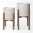 Mercana Groot Metal Wood Base Plant Stands in Eggshell White (Set of 2)