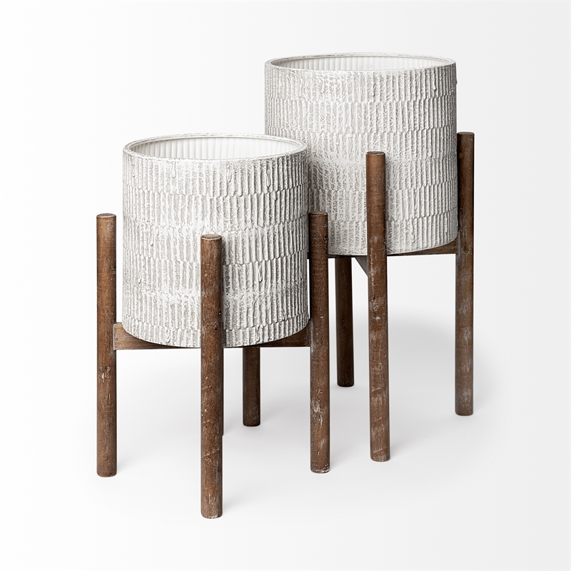 Mercana Groot Metal Wood Base Plant Stands in Eggshell White (Set of 2)