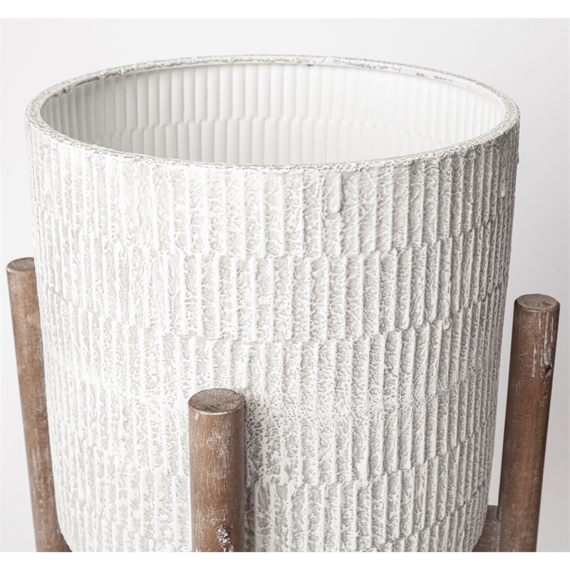 Mercana Groot Metal Wood Base Plant Stands in Eggshell White (Set of 2)