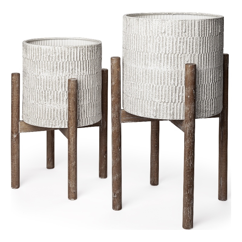 Mercana Groot Metal Wood Base Plant Stands in Eggshell White (Set of 2)