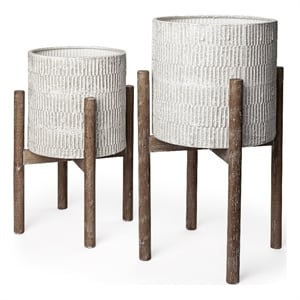 Mercana Groot Metal Wood Base Plant Stands in Eggshell White (Set of 2)