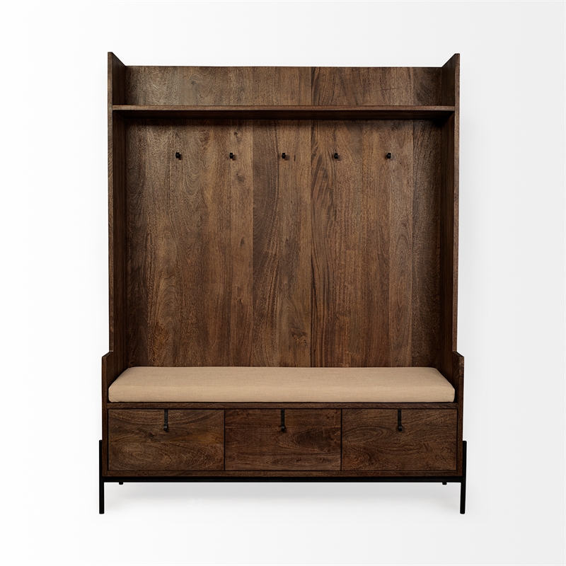 Mercana Glenn V Wood Seated Hall Tree with Storage in Brown