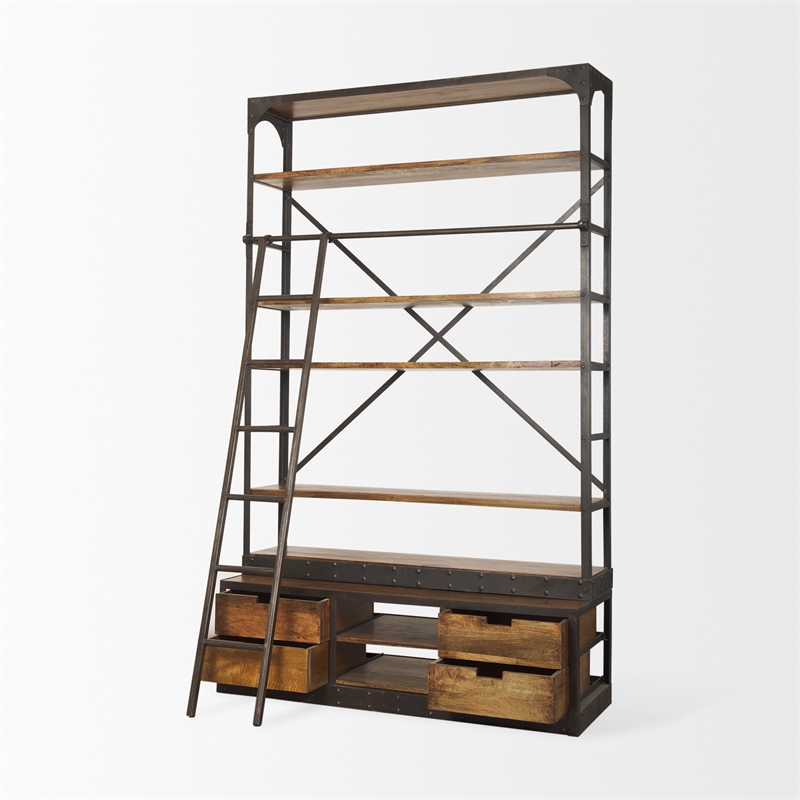Mercana Brodie II Wood Copper Ladder Shelving Unit in Brown