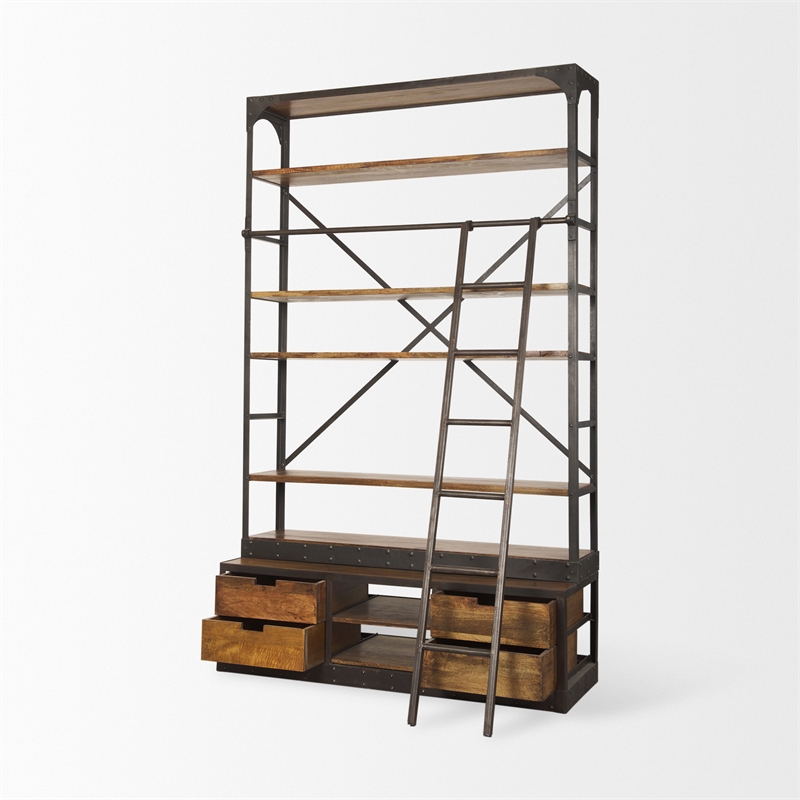 Mercana Brodie II Wood Copper Ladder Shelving Unit in Brown
