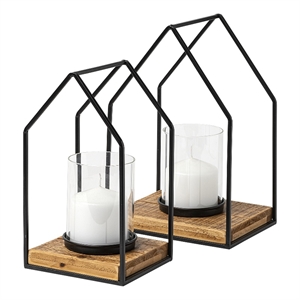 Leopold Set of Two Black Metal Wooden Base Table Candle Holders