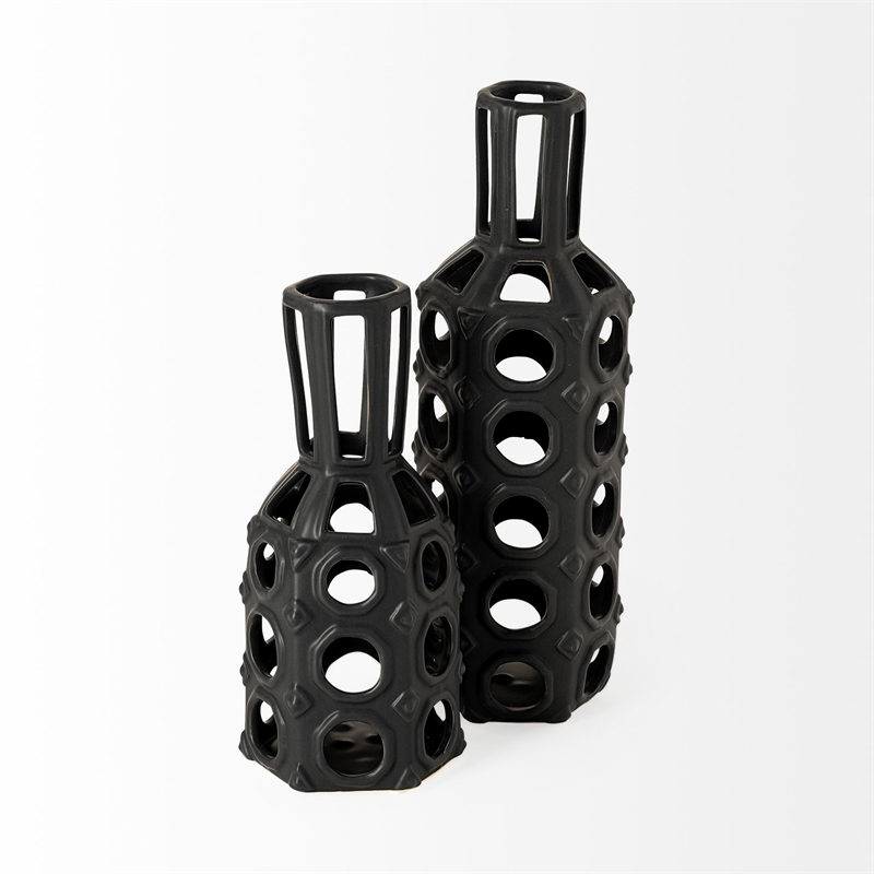 Mercana Brunel Large Black Drum-Shaped Ceramic Decorative Vase
