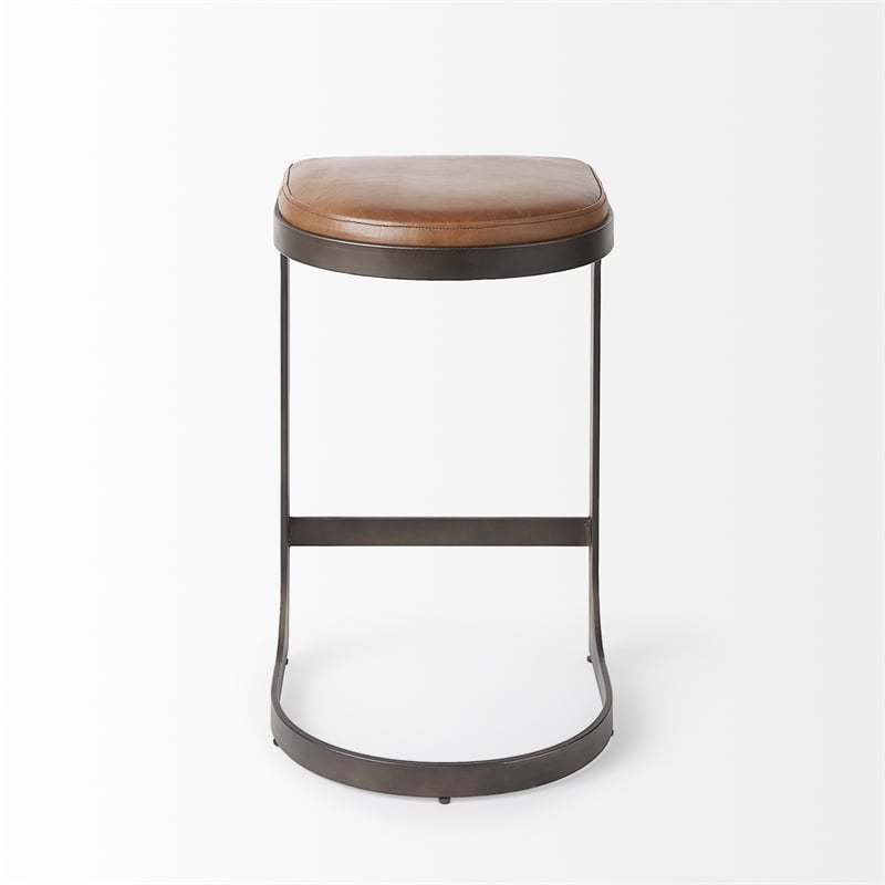 Tyson 17L x 18W x 28H Medium Brown Leather W/Gun Metal Gray Base Stool