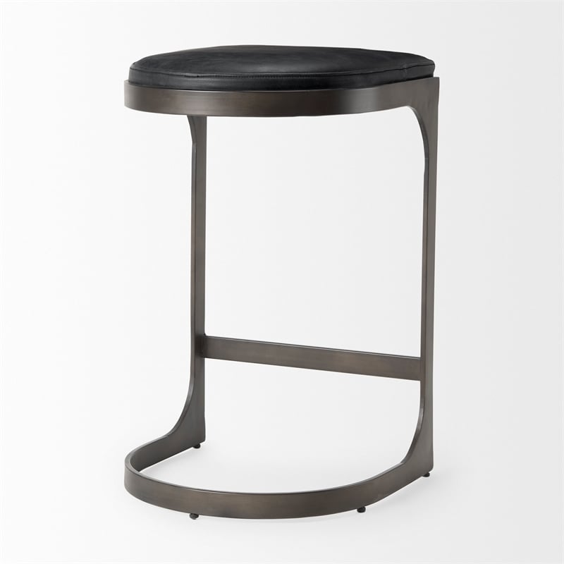 Tyson 17L x 18W x 28H Black Leather W/Gun Metal Gray Metal Base Stool