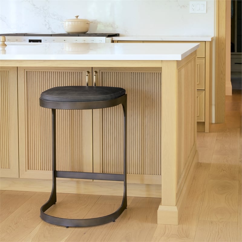 Tyson 17L x 18W x 28H Black Leather W/Gun Metal Gray Metal Base Stool